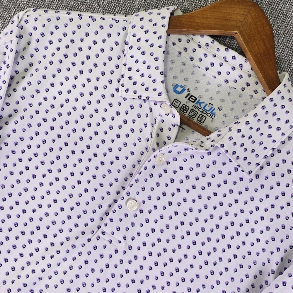 IBKUL Shirt Mens XL Icefil Geometric Print AOP White Blue Long Sleeve Polo Golf